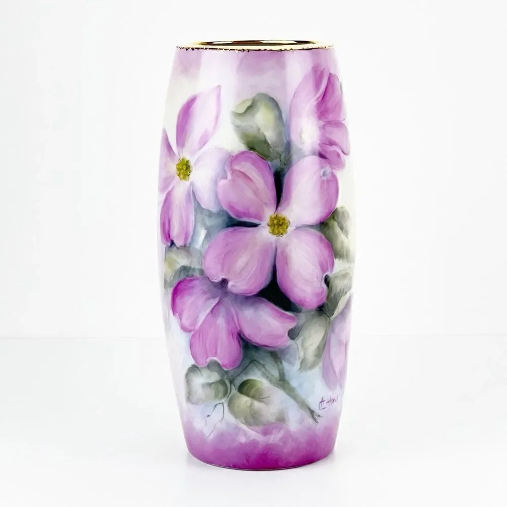 International Porcelain Art Teachers Hand Painted Pink Flowers Floral Vase - Picture 1 of 12